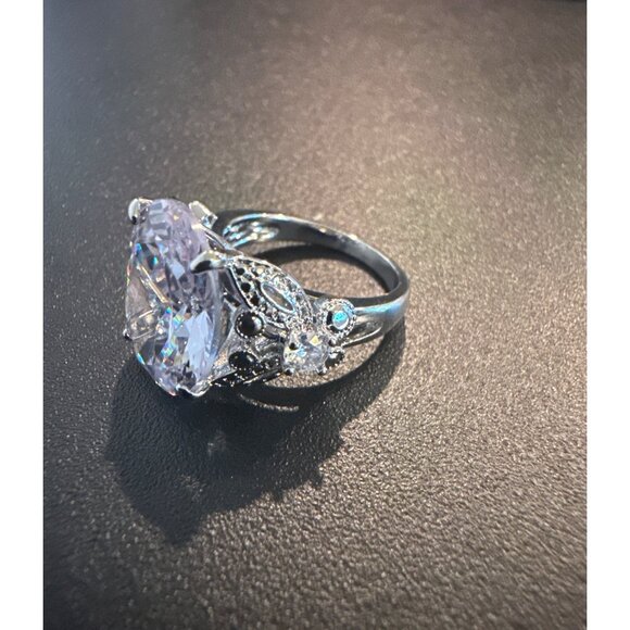 Silver Plated CZ Statement Ring Oval Cut Stone With Vintage Inspired Design - Picture 3 of 4